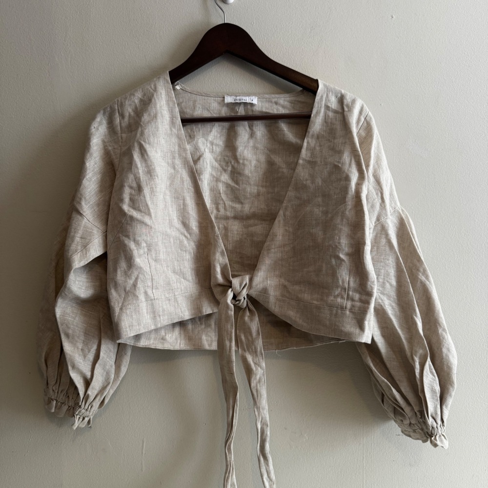 Dissh 100% Linen Front Tie Crop Oatmeal Balloon Sleeve Women's 8 Natural Fibers